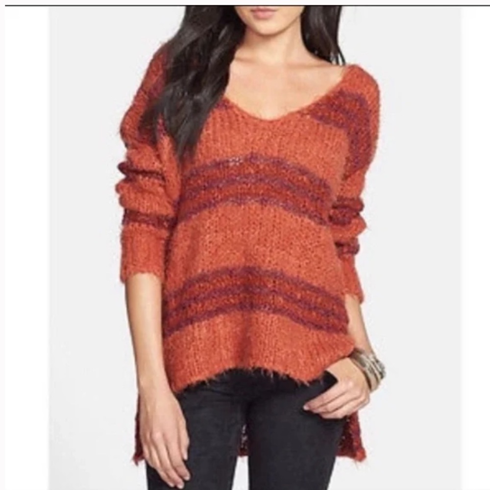 Free People Cotton Wool Blend Rust Stripe V Neck Oversized Fuzzy Sweater S